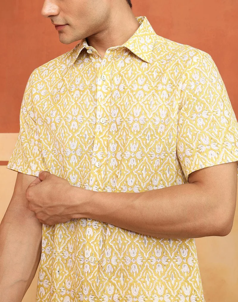 Fabindia  White-Yellow Cotton Hand Block Printed Slim Fit Shirt for Men | Best Price UAE