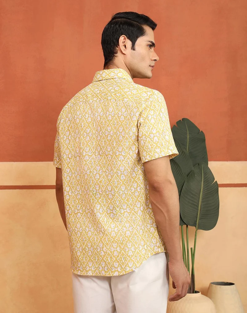 Fabindia  White-Yellow Cotton Hand Block Printed Slim Fit Shirt for Men | Best Price UAE