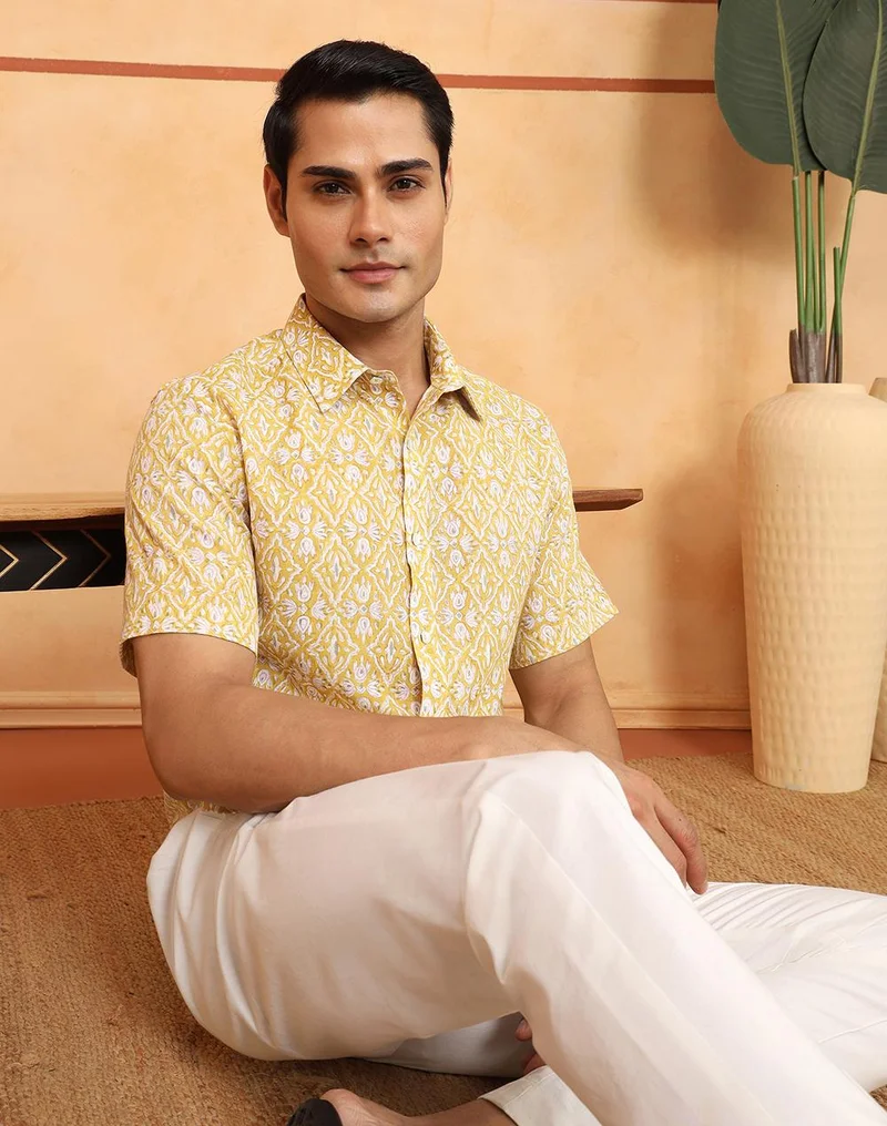فاب انديا White-Yellow Cotton Hand Block Printed Slim Fit Shirt