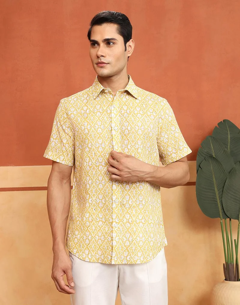 فاب انديا White-Yellow Cotton Hand Block Printed Slim Fit Shirt