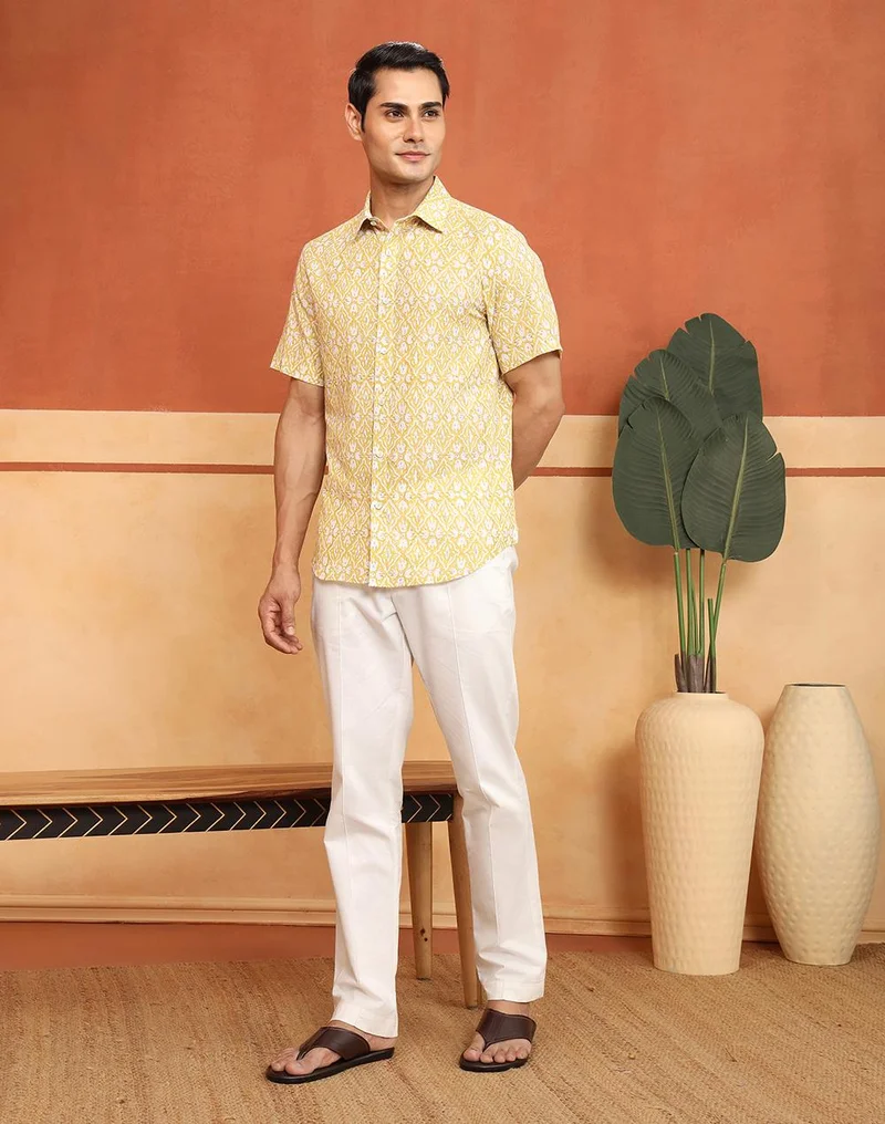 Fabindia  White-Yellow Cotton Hand Block Printed Slim Fit Shirt for Men | Best Price UAE