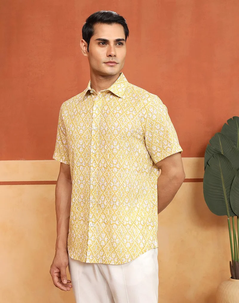 Fabindia  White-Yellow Cotton Hand Block Printed Slim Fit Shirt for Men | Best Price UAE