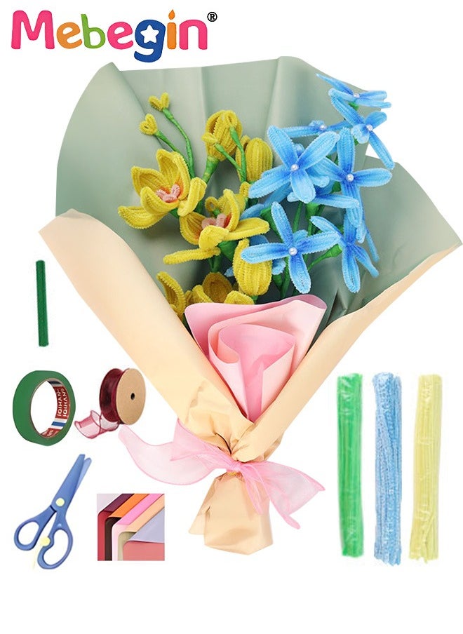 MEBEGIN DIY Flower Bouquet Kit with Rich Accessaries, Freesia Blossoms Bouquet Making Kit with 10 Flower Poles, Chenille Stems Flower Craft Supplies, Fuzzy Sticks Crafting Materials, Arts and Crafts for DIY, Ideal Gift for Friends and Families  - Image 1