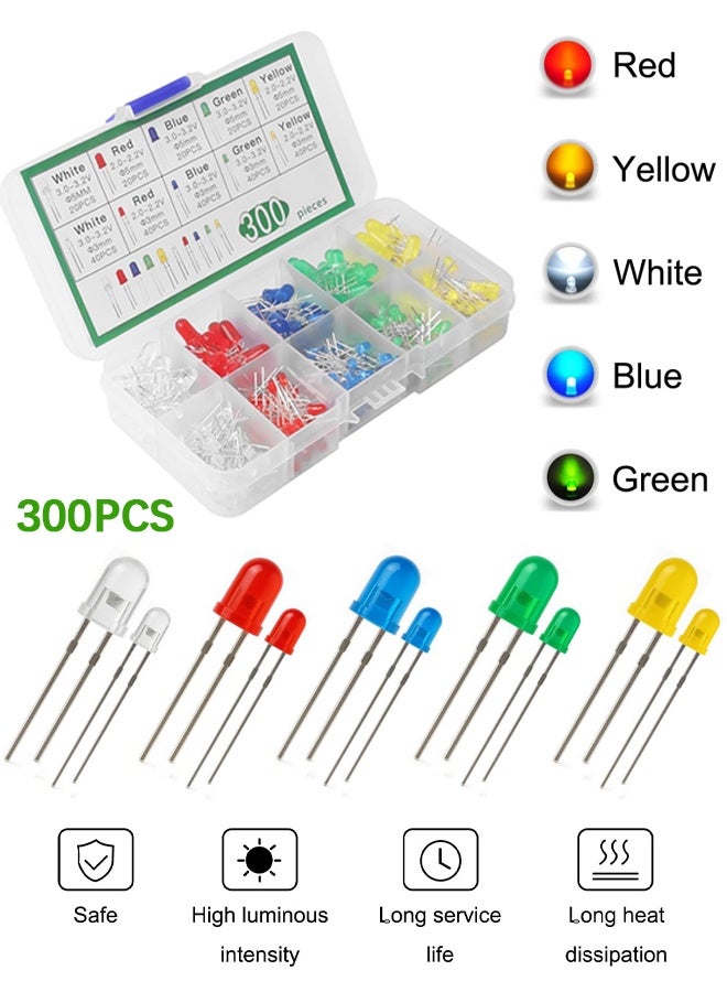 Wffo 300 PCS LED Diode Kit 5 Colors (Red/Yellow/Blue/Green/White) 3mm & 5mm LED with 10-Grid Detachable Storage Box for Electronics Learning, Repair, Lab Experiments & R&D Projects - Image 1