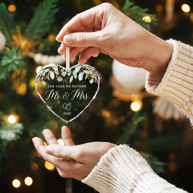 HEXMOZ Wedding Gifts for Couples 2025 - Mr and Mrs Gifts - Bridal Shower Gift, Wedding Ideas for Newly Wed, Bride, Future Mr Mrs - Just Married Glass Ornament 2025, 1st Married Couple Christmas Decor - Image 2