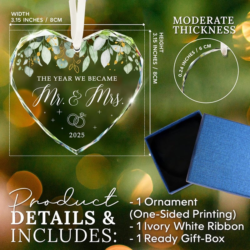 HEXMOZ Wedding Gifts for Couples 2025 - Mr and Mrs Gifts - Bridal Shower Gift, Wedding Ideas for Newly Wed, Bride, Future Mr Mrs - Just Married Glass Ornament 2025, 1st Married Couple Christmas Decor - Image 4