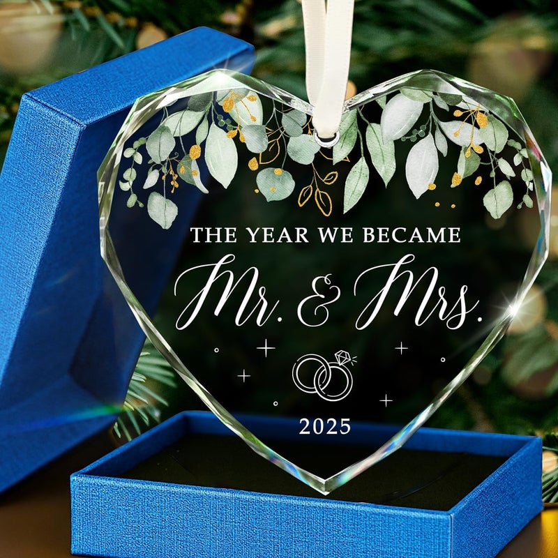 HEXMOZ Wedding Gifts for Couples 2025 - Mr and Mrs Gifts - Bridal Shower Gift, Wedding Ideas for Newly Wed, Bride, Future Mr Mrs - Just Married Glass Ornament 2025, 1st Married Couple Christmas Decor - Image 1