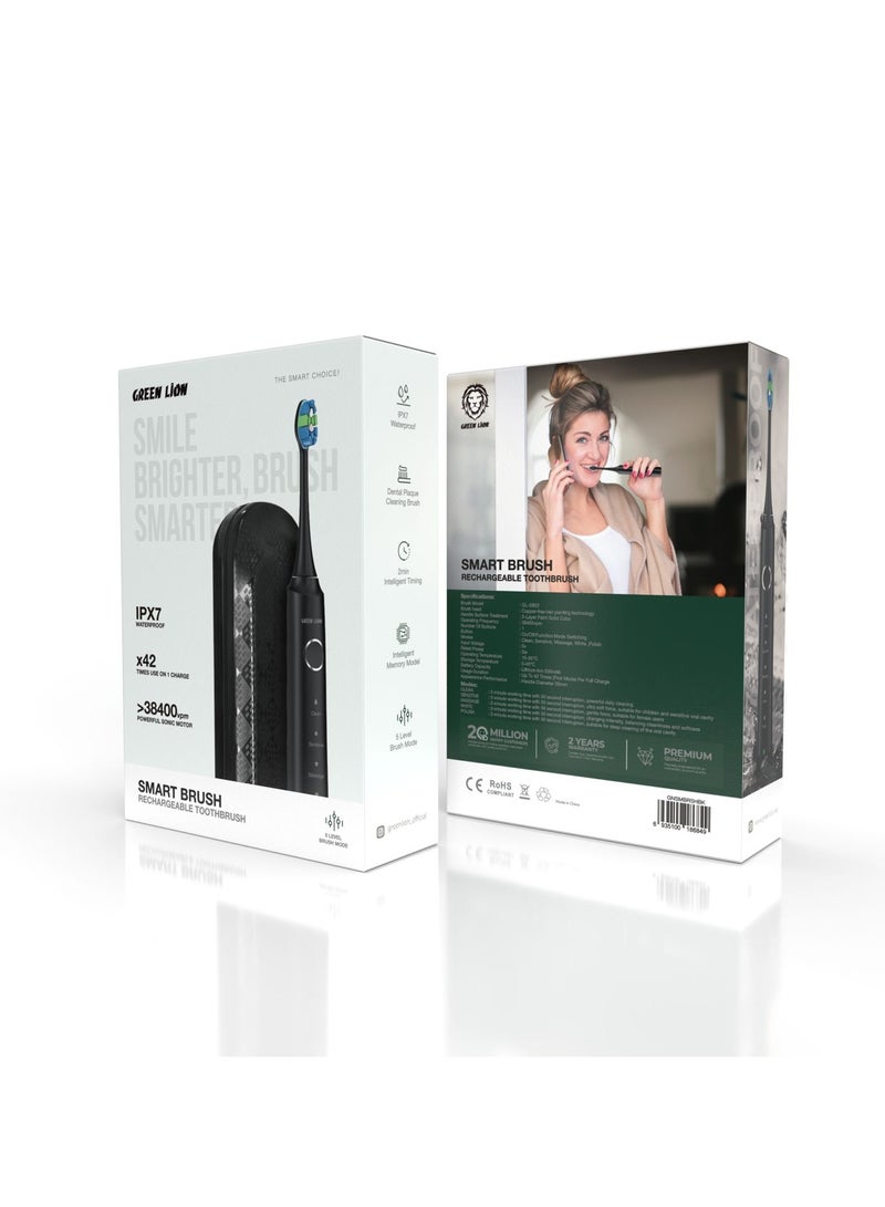 GREEN LION Smart Brush Rechargeable Toothbrush / 42 Times Use on 1 Charge / 38400vpm Powerful Sonic Motor / 5 Level Brush Mode / Dental Plaque Cleaning Brush / Intelligent Memory Model - Black - Image 5