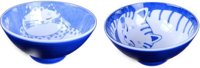 Mino Ware Set of 2 Japanese Rice Bowls Cute Cats Design Buchi and Tora Bicolor and Tabby Porcelain Bowls