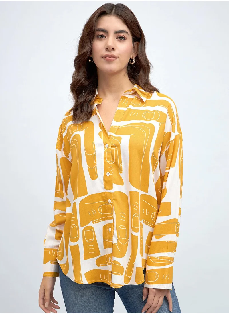 دينيس لينغو Mustard Relaxed Fit Printed Shirt for Women - Rayon, Full Sleeves, Shirt Collar, Casual, Wash Care