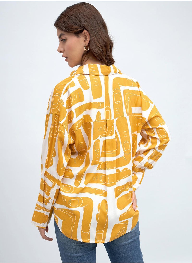 Dennis Lingo Women's Mustard Rayon Printed Button Down Relaxed Shirt  - Image 4