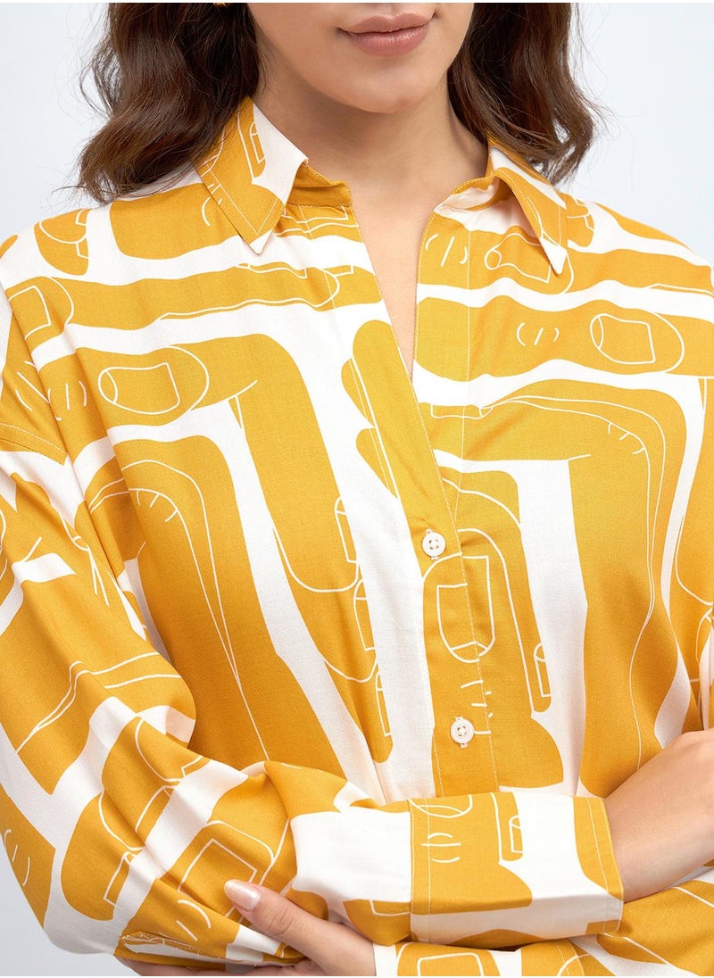 Dennis Lingo Women's Mustard Rayon Printed Button Down Relaxed Shirt  - Image 5