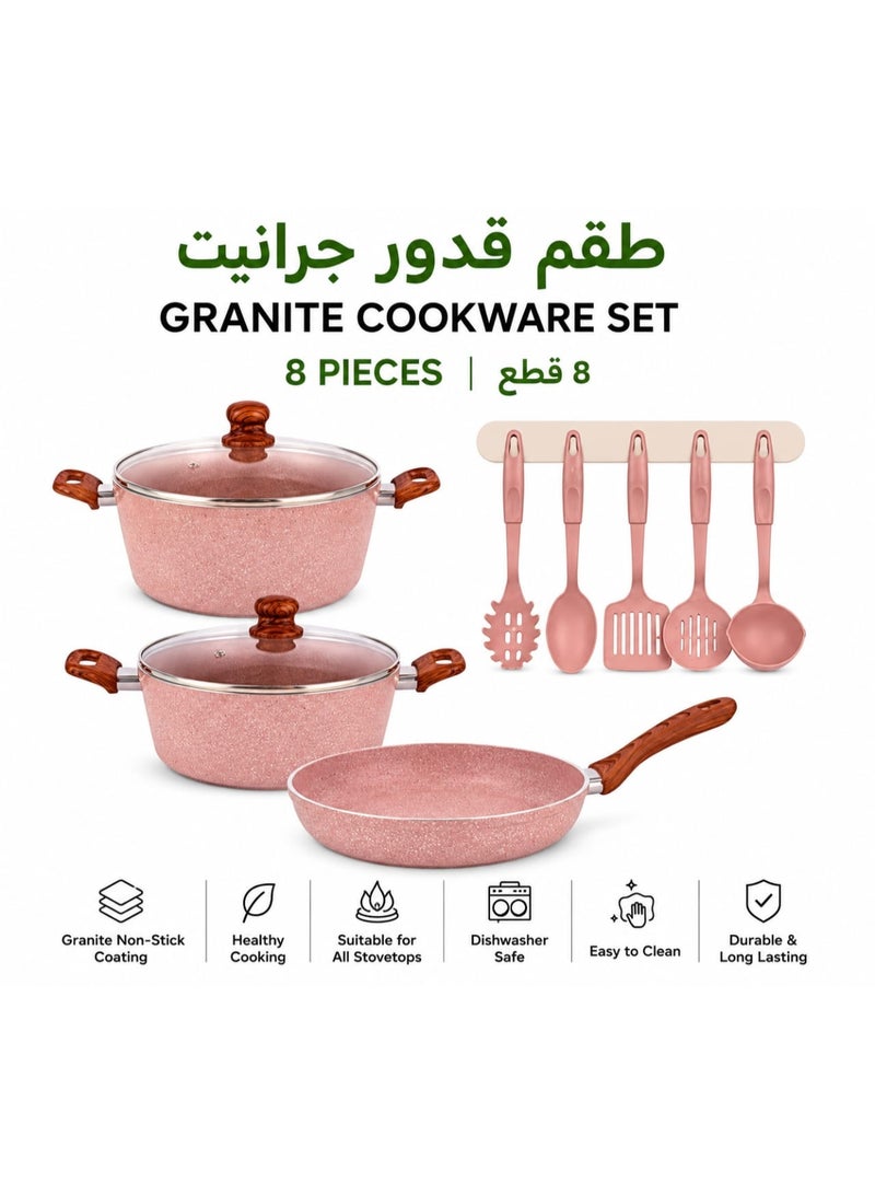 طقم أواني طهي جرانيت 8 قطع مع أغطية زجاجية ومقلاة | قدور غير لاصقة مع 5 أدوات مطبخ | مقابض خشبية | وردي - Image 1