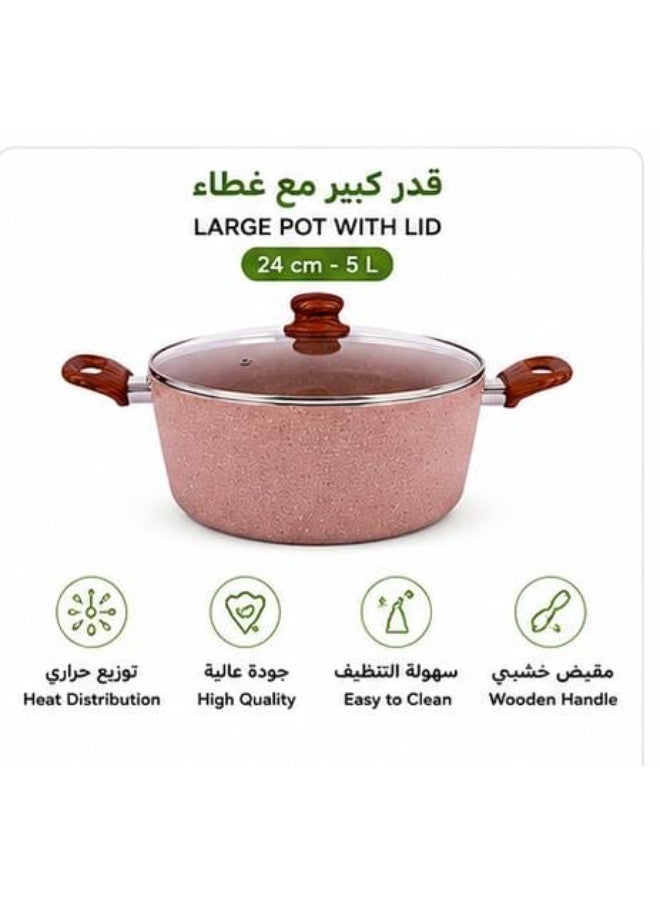 طقم أواني طهي جرانيت 8 قطع مع أغطية زجاجية ومقلاة | قدور غير لاصقة مع 5 أدوات مطبخ | مقابض خشبية | وردي - Image 2