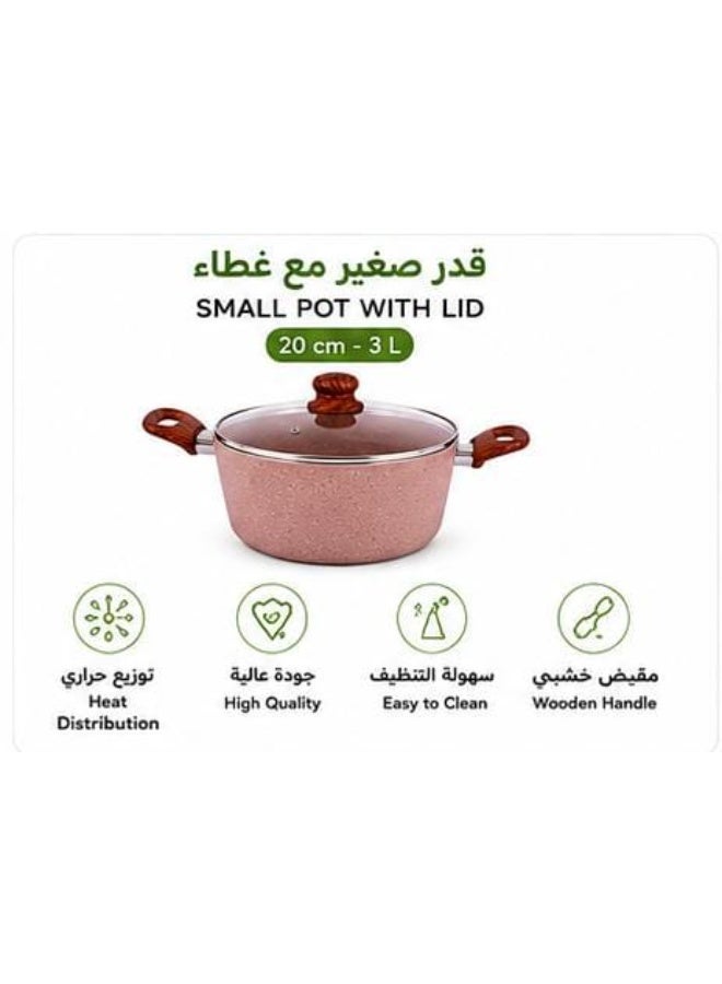 طقم أواني طهي جرانيت 8 قطع مع أغطية زجاجية ومقلاة | قدور غير لاصقة مع 5 أدوات مطبخ | مقابض خشبية | وردي - Image 3