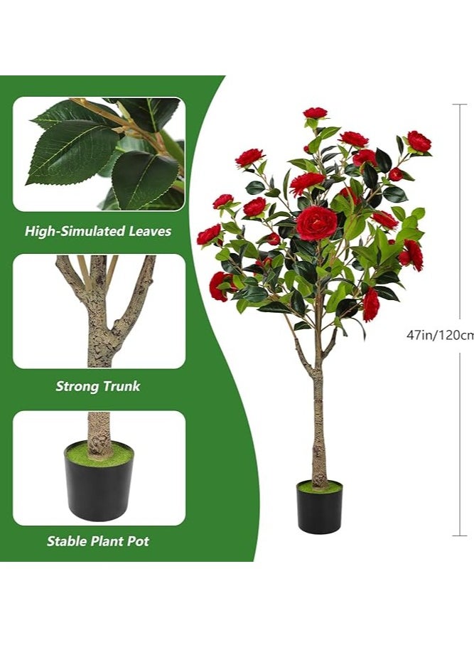 Brinaoki 120CM Rose Artificial Camellia Flower Tree, Faux Camellia Plant Blooming Potted Flower Tree Fake Tree with Simulated Flowers Realistic Leaves in Black Pot for Home Indoor Outdoor Porch Decor  - Image 2
