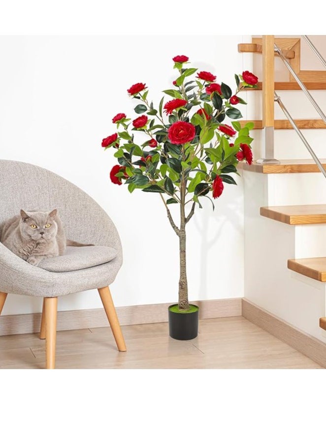 Brinaoki 120CM Rose Artificial Camellia Flower Tree, Faux Camellia Plant Blooming Potted Flower Tree Fake Tree with Simulated Flowers Realistic Leaves in Black Pot for Home Indoor Outdoor Porch Decor  - Image 5