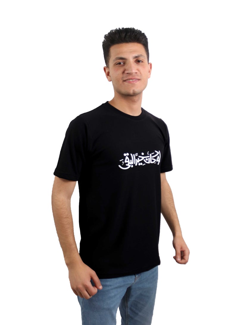وان هاند تي شيرت قطن مطبوع "لو كان خيرآ لبقى" كم قصير برقبه دائرية - اسود - Image 2