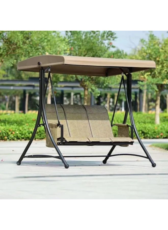 فاملي شيب كرسي أرجوحة 3 مقاعد للمساحات الخارجية مع مظلة مقاس 150 * 170 * 110) سم - بني فاتح - Image 1