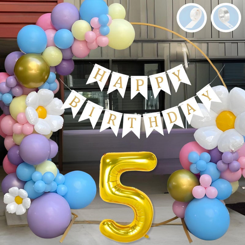 Flyloons 5th Happy Birthday Decoration Multicolor Theme for Boys Girls Kids| Multi Color| Multicolour Balloons| 30 Pcs Mix Balloons Packets| White Happy Birthday Paper Banner| Arch Tape| Glue Dots - Image 4