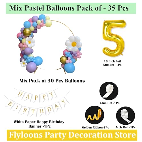 Flyloons 5th Happy Birthday Decoration Multicolor Theme for Boys Girls Kids| Multi Color| Multicolour Balloons| 30 Pcs Mix Balloons Packets| White Happy Birthday Paper Banner| Arch Tape| Glue Dots - Image 2