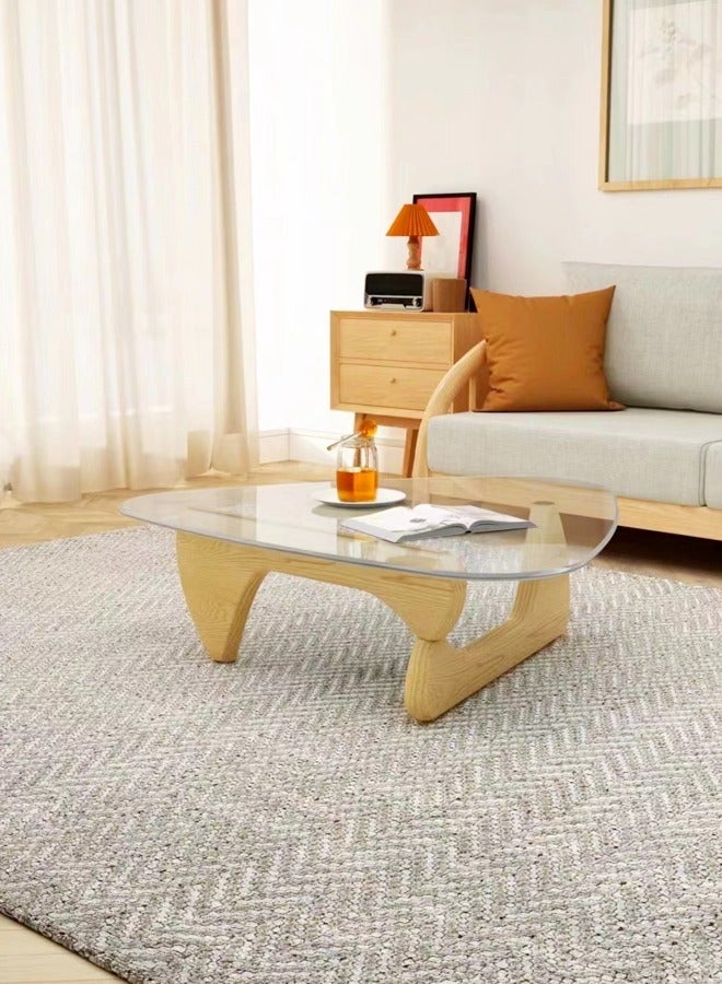 fashionhome Mid-Century Abstract Design Modern Coffee Table with Solid Wood Frame Small Triangular Side Table with Clear Glass Top Vintage Center Table for Living Room Patio Balcony 91x65x40 cm - Image 1