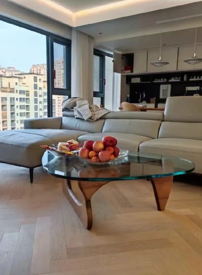 fashionhome Mid-Century Abstract Design Modern Coffee Table with Solid Wood Frame Small Triangular Side Table with Clear Glass Top Vintage Center Table for Living Room Patio Balcony 91x65x40 cm - Image 2