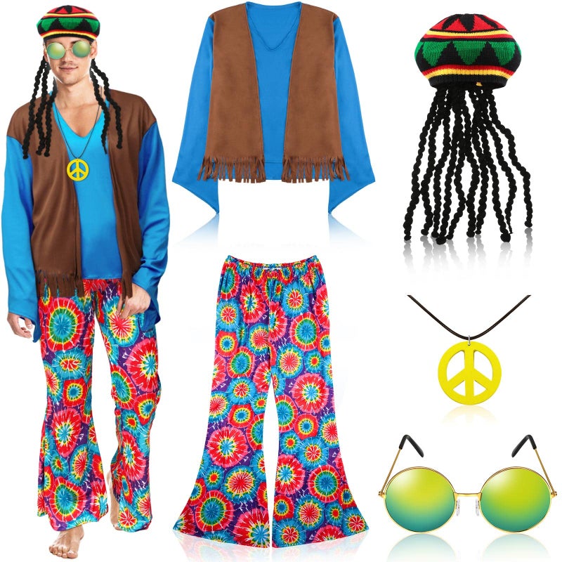 Geyoga 5 Pcs 70s 60s Hippie Costume for Men 70 S Outfit Disco Outfit Pant Shirt Faux Vest Rasta Hat with DreadlocksLarge - Image 2