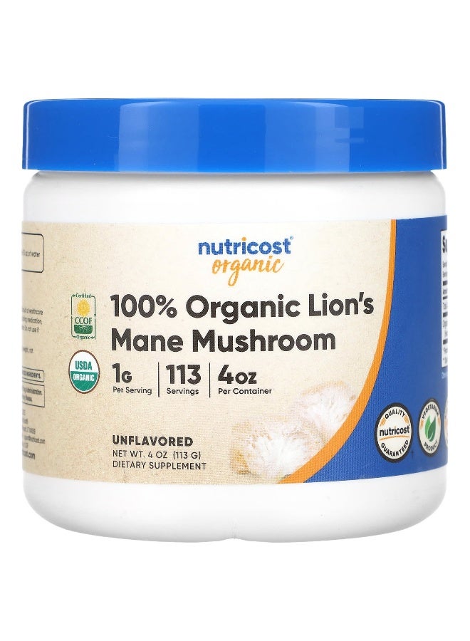 Nutricost, 100% Organic Lion's Mane Mushroom, Unflavored, 4 oz (113 g) (Packaging may vary)