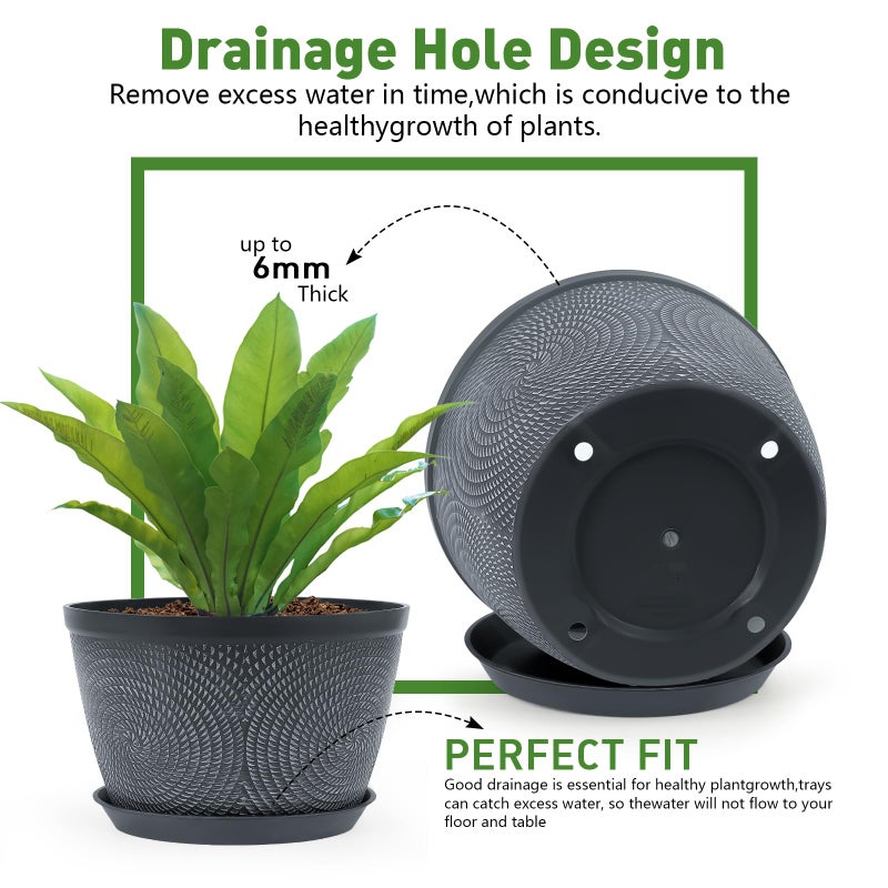 Quarut 10 Inch Flower Pots Planters for Outdoor Indoor, 3 Pack Plastic Plant Pots with Drainage Hole & Tray, Modern Decorative Garden Pot with Saucer, planters for House (Gray) - Image 4