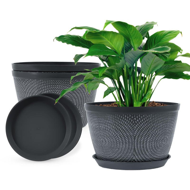 Quarut 10 Inch Flower Pots Planters for Outdoor Indoor, 3 Pack Plastic Plant Pots with Drainage Hole & Tray, Modern Decorative Garden Pot with Saucer, planters for House (Gray) - Image 1