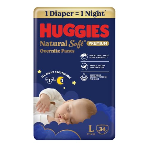 Huggies Natural Soft Overnite Diaper Pants| Premium Pant Style Baby Diapers Medium Size (L Size | 9-14 Kgs), 34 count| Keeps baby dry all night with cloud softness all over - Image 1