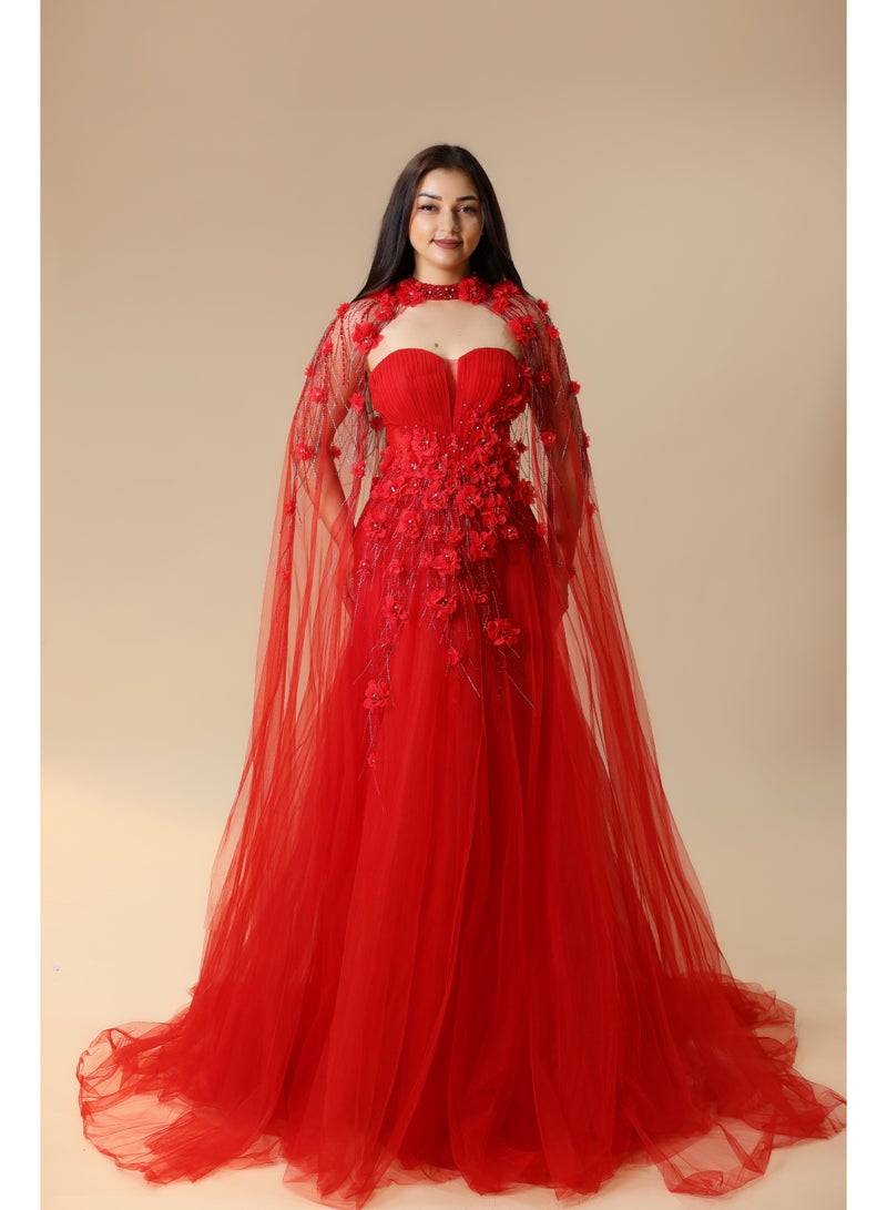 Elegant One-Shoulder Embellished Evening Gown with Draped Tulle Sleeve