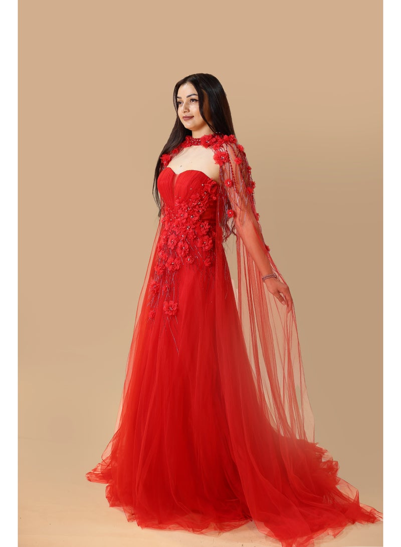 FAIZ COUTURE Elegant One-Shoulder Embellished Evening Gown with Draped Tulle Sleeve - Image 3