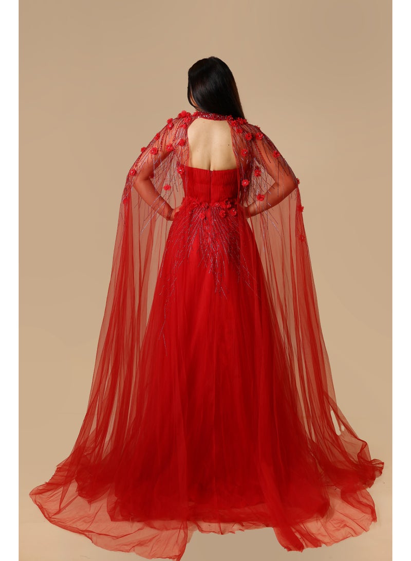 FAIZ COUTURE Elegant One-Shoulder Embellished Evening Gown with Draped Tulle Sleeve - Image 4