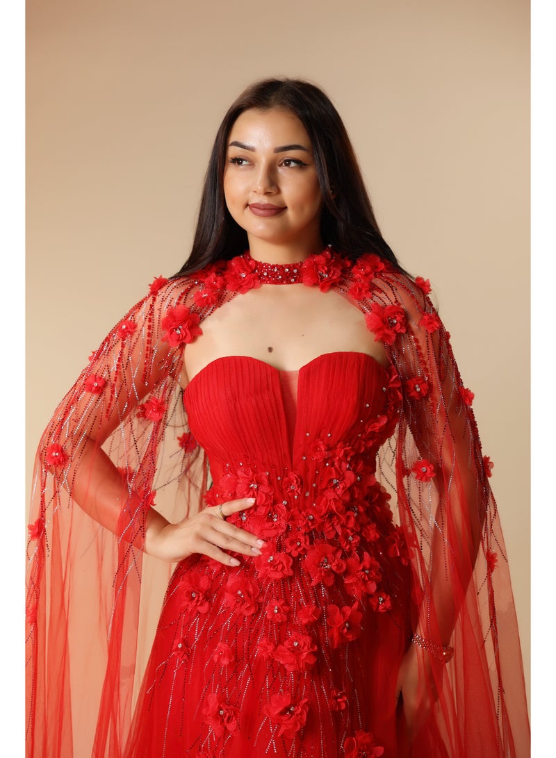 FAIZ COUTURE Elegant One-Shoulder Embellished Evening Gown with Draped Tulle Sleeve - Image 2