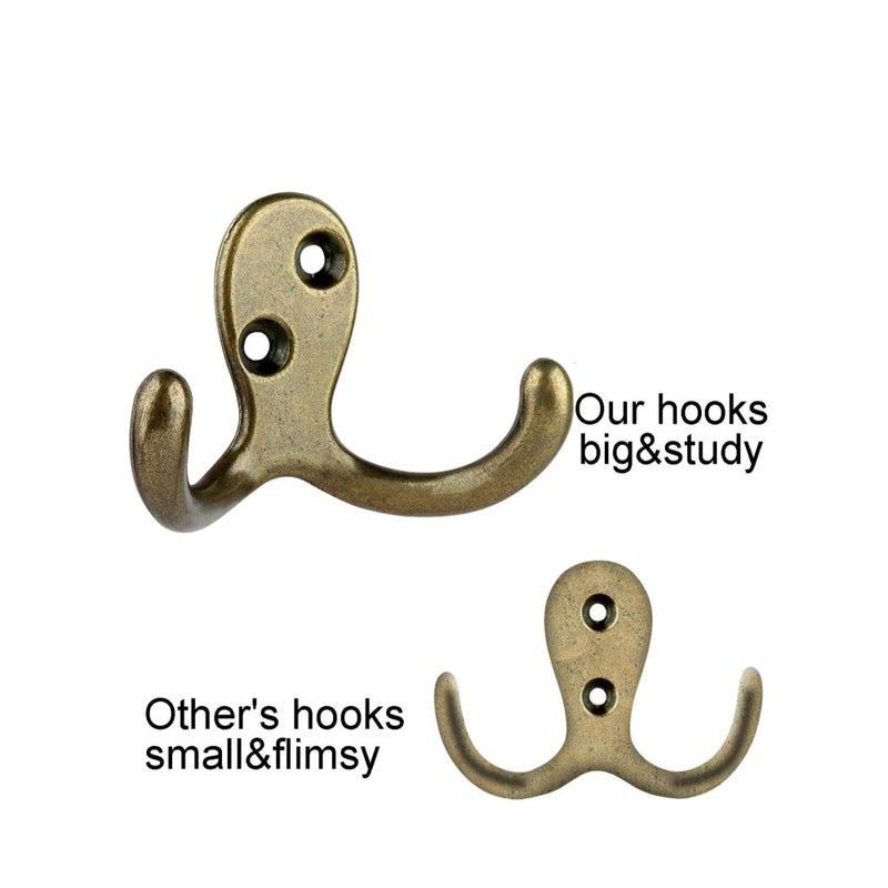 SOLARAE 10Pcs Double Prong Coat Hooks Hardware, Antique Brass Towel Hooks Wall Mounted with 20 Screws, Metal Hooks for Hanging Coats, Towel, Hat, Key, Bag（Antique Brass） - Image 3