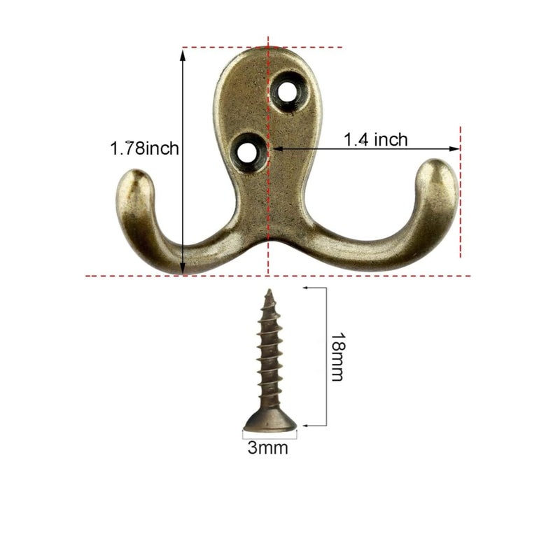 SOLARAE 10Pcs Double Prong Coat Hooks Hardware, Antique Brass Towel Hooks Wall Mounted with 20 Screws, Metal Hooks for Hanging Coats, Towel, Hat, Key, Bag（Antique Brass） - Image 2