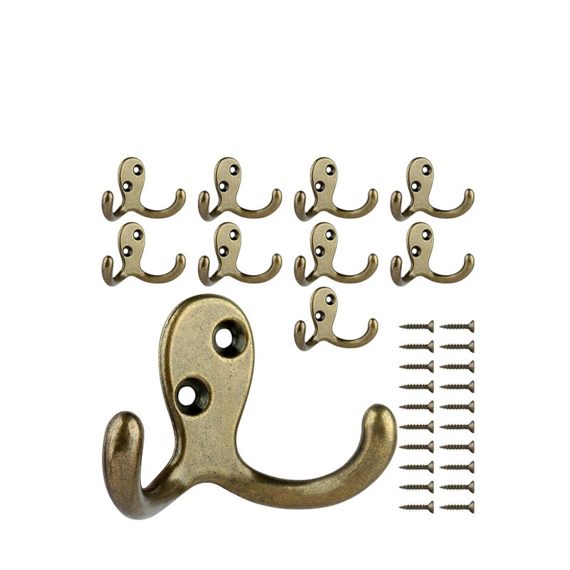SOLARAE 10Pcs Double Prong Coat Hooks Hardware, Antique Brass Towel Hooks Wall Mounted with 20 Screws, Metal Hooks for Hanging Coats, Towel, Hat, Key, Bag（Antique Brass） - Image 1