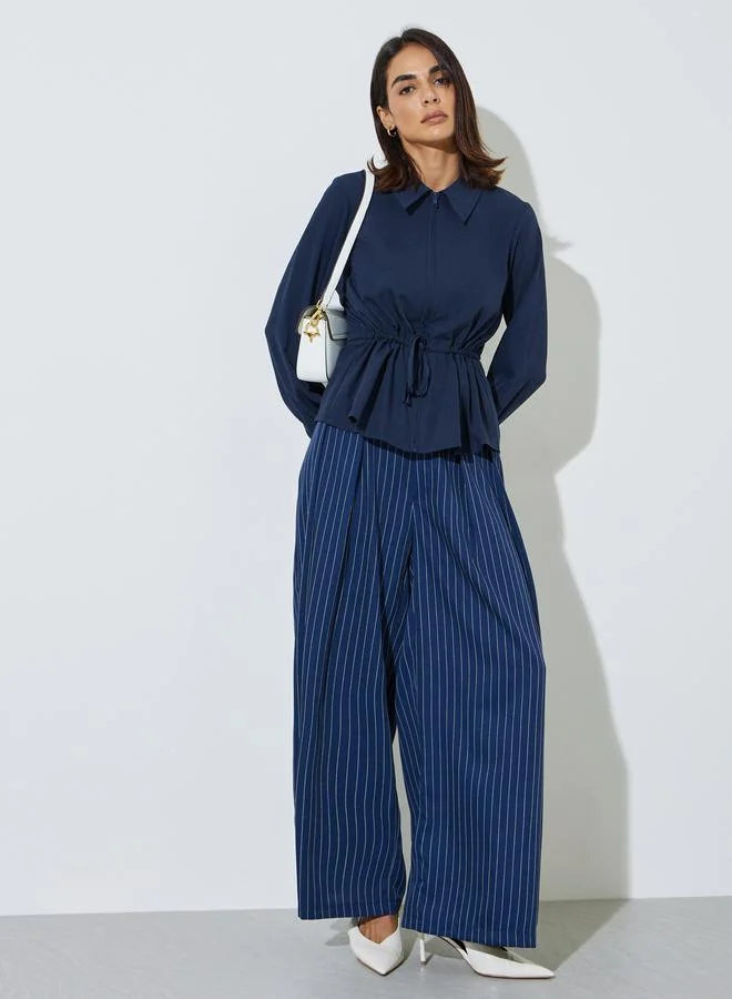 ستايلي Navy Blue Long Sleeve Drawcord Waist Shirt