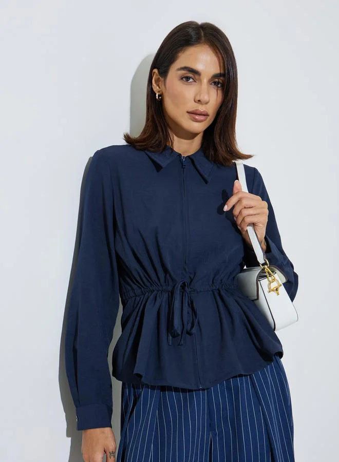 ستايلي Navy Blue Long Sleeve Drawcord Waist Shirt