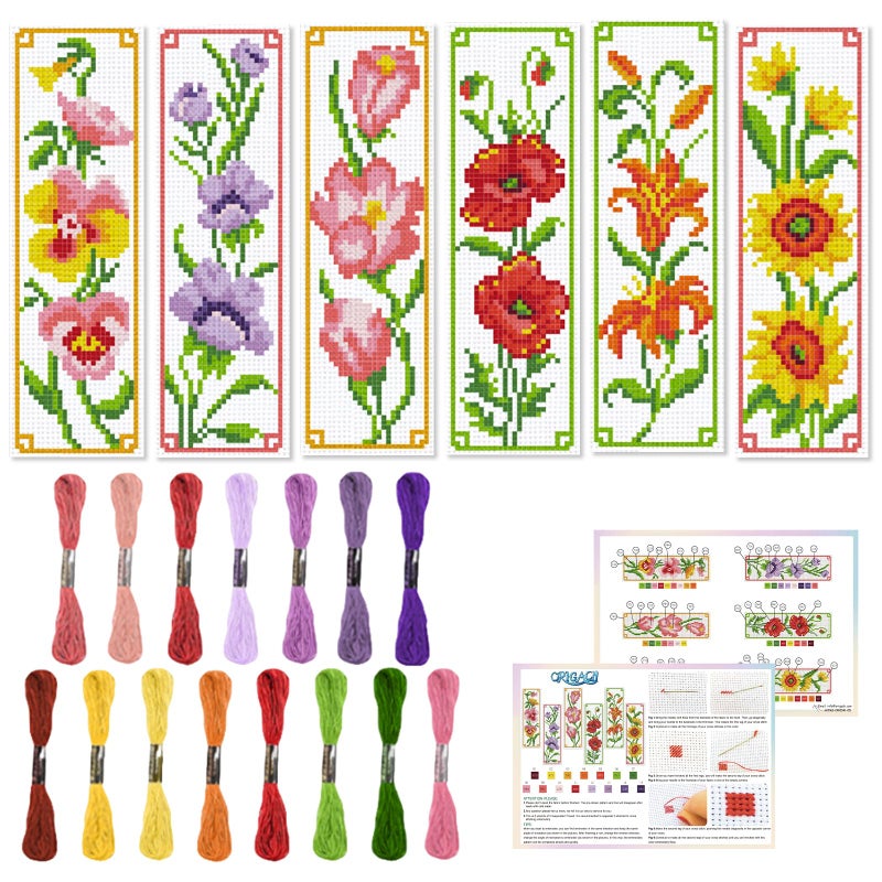 ORIGACH 6 Set Flowers Cross Stitch Bookmark Kit for Beginner with Backing Felt Floss Instructions DIY Stamped Embroidery Bookmark Kit for Adults Book Lovers