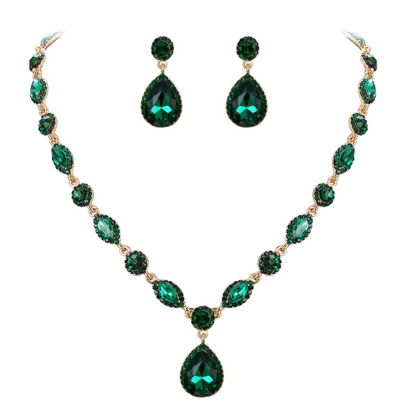 EleQueen Women's Wedding Bridal Jewelry Set for Brides Bridesmaids, Crystal Teardrop Necklace Dangle Earrings Jewellery for Party Prom Emerald Color - Image 1