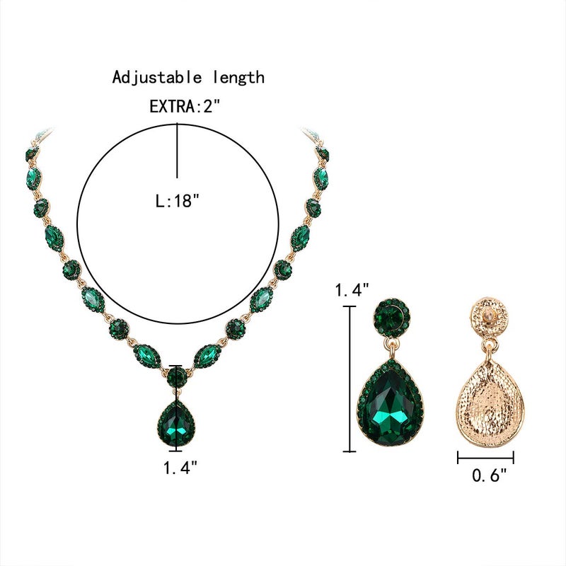 EleQueen Women's Wedding Bridal Jewelry Set for Brides Bridesmaids, Crystal Teardrop Necklace Dangle Earrings Jewellery for Party Prom Emerald Color - Image 2