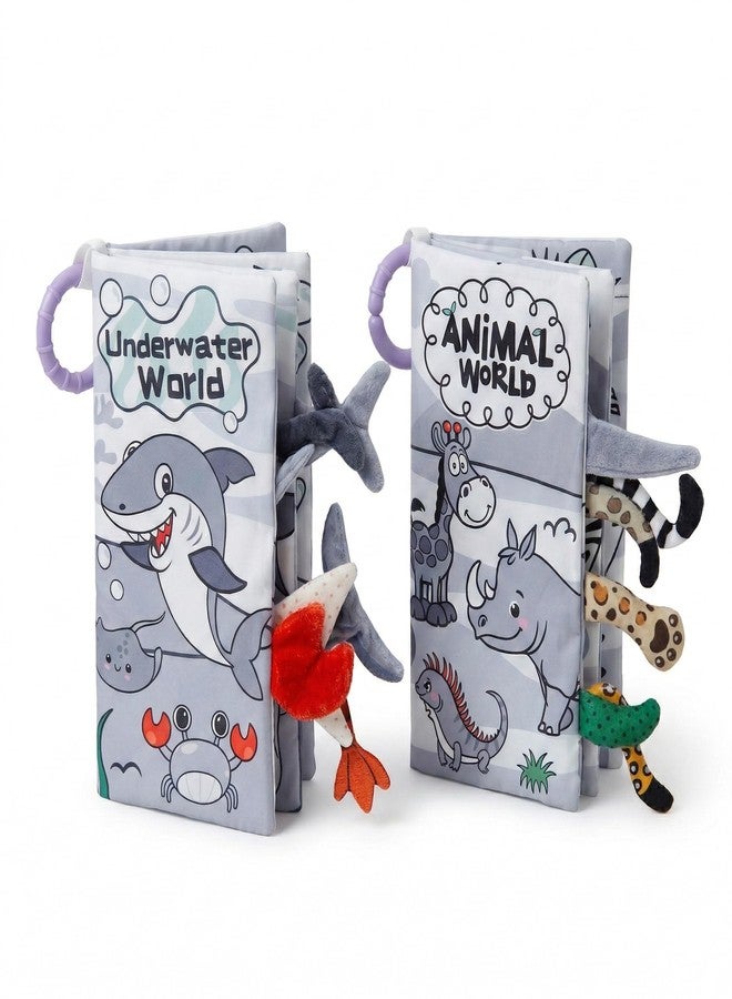 Tarkan Soft Sensory Crinkle Books, 2-Pack Set, High-Contrast Fabric Books with Teether Rings, Infant & Baby Toy, Squeaky Sound, Animal 3D Tail Book, 0 Months+ - Image 1