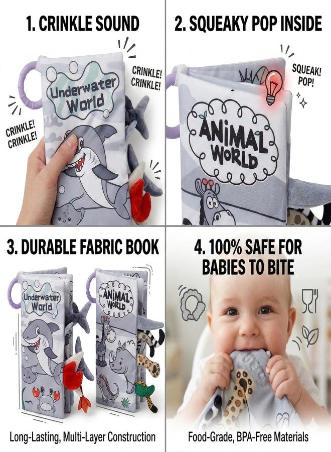 Tarkan Soft Sensory Crinkle Books, 2-Pack Set, High-Contrast Fabric Books with Teether Rings, Infant & Baby Toy, Squeaky Sound, Animal 3D Tail Book, 0 Months+ - Image 3