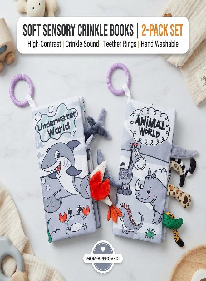 Tarkan Soft Sensory Crinkle Books, 2-Pack Set, High-Contrast Fabric Books with Teether Rings, Infant & Baby Toy, Squeaky Sound, Animal 3D Tail Book, 0 Months+ - Image 5