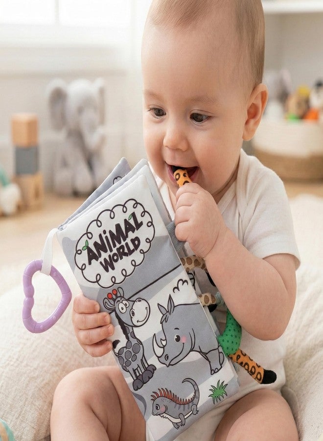 Tarkan Soft Sensory Crinkle Books, 2-Pack Set, High-Contrast Fabric Books with Teether Rings, Infant & Baby Toy, Squeaky Sound, Animal 3D Tail Book, 0 Months+ - Image 2