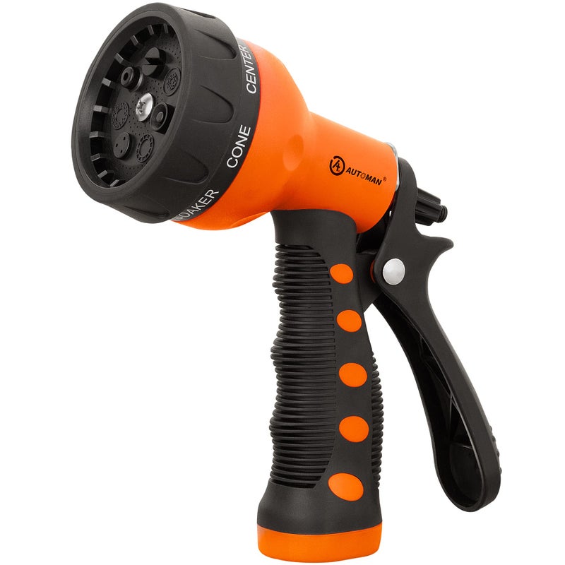 AUTOMAN-Garden-Hose-Nozzle,ABS Water Spray Nozzle with Heavy Duty 7 Adjustable Watering Patterns,Slip Resistant for Watering Plants,Lawn& Garden,Washing Cars,Cleaning,Showering Pets - Orange - Image 1