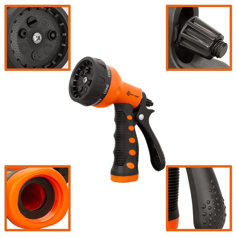 AUTOMAN-Garden-Hose-Nozzle,ABS Water Spray Nozzle with Heavy Duty 7 Adjustable Watering Patterns,Slip Resistant for Watering Plants,Lawn& Garden,Washing Cars,Cleaning,Showering Pets - Orange - Image 3